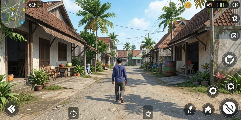 Tangkapan layar dari gameplay <strong>6CF</strong> yang menunjukkan interaksi karakter dan aktivitas sehari-hari.