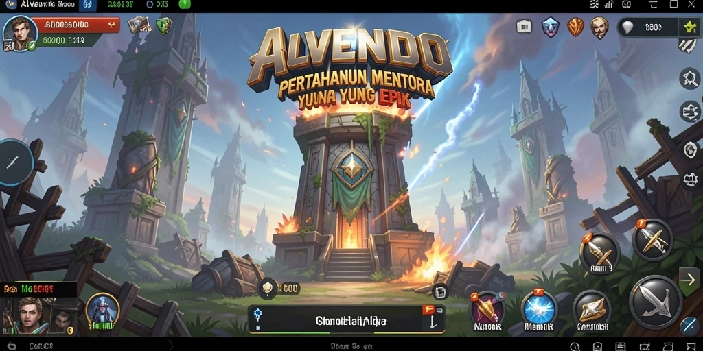 Tangkapan layar gameplay ALVENDO yang menampilkan pertahanan menara yang strategis.