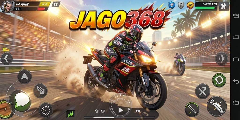 Screenshot gameplay JAGO368 menampilkan balapan motor yang mendebarkan di lintasan yang menantang.