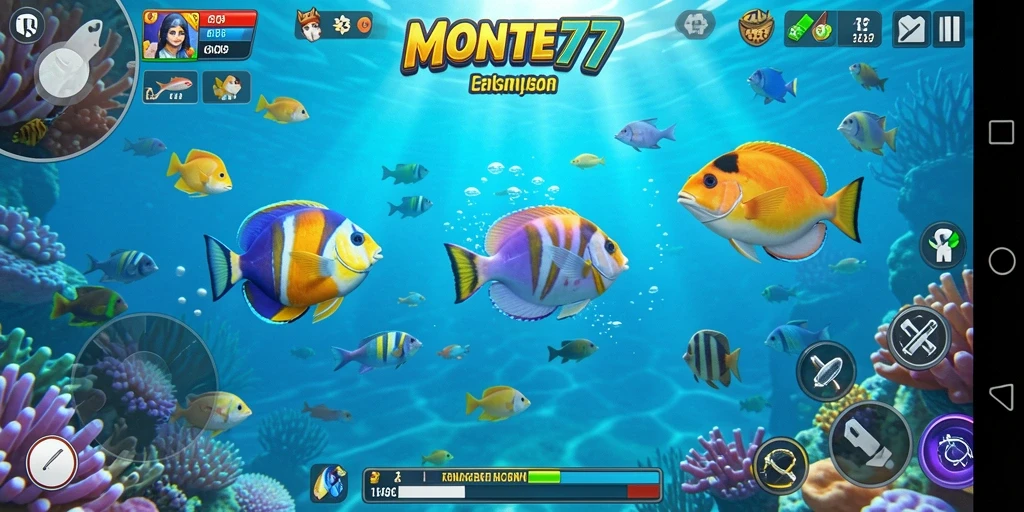 Gameplay MONTE77 menampilkan aksi seru menangkap ikan di lautan.