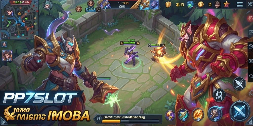 Tangkapan layar gameplay PP7SLOT menampilkan tim bertarung di arena.