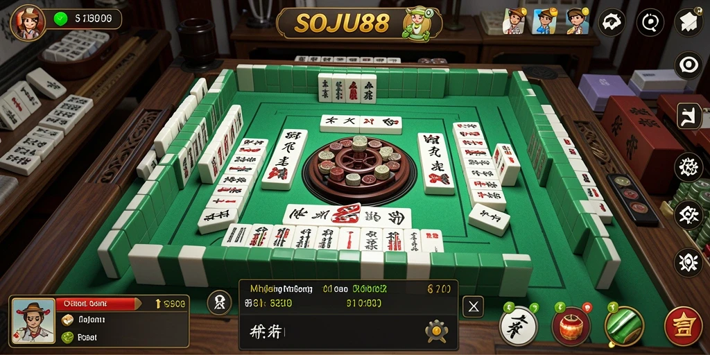 Tampilan gameplay seru dari SOJU88 yang menampilkan permainan Mahjong di layar penuh.